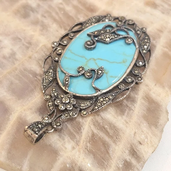 Turquoise & Marcasite Sterling Silver Pendant Floral & Leaf Design 925